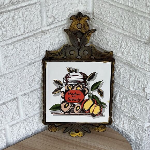 VTG Cast Iron Ceramic Tile Footed Trivet PEACHES in Brandy Rustic MCM Farmhouse - Picture 11 of 13
